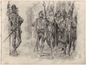 Skisser av figurer og fem spanske soldater med lanser av James Ensor