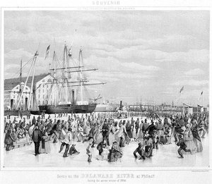 Scene ved Delaware-elven ved Philadelphia under den alvorlige vinteren 1856, ca. 1860 (litho) (s/hvitt-bilde)