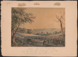 Skisser med Co. B, 8. Reg. Pa. Ma. under offiserene til den gamle Southwark Gaurd [sic] på veien til Greencastle / Jas. Dronning del. Abstrakt/medium
