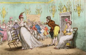 A Broad Hint of Not Meaning to Dance , utgitt av Hannah Humphrey i 1804 (håndfarget etsning)