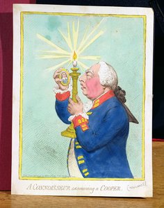 En kjenner som undersøker en Cooper, George III (1738-1820), fryktet en ny revolusjon, ser på et portrett av Cromwell, pub. av Hannah Humphrey, 1792