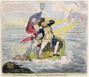 En fransk haglstorm, eller Neptun som mister Brest-flåten av syne, utgitt av Hannah Humphrey i 1793 (håndfarget etsning)