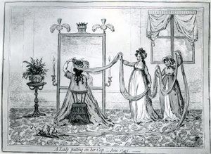 En dame som tar på seg hatten, 1795 av James Gillray