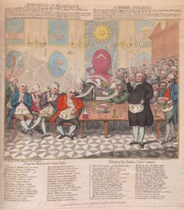 En frimureranekdote, pub. 1786 (håndfarget gravering)