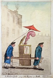 A Modern Belle going to the Rooms at Bath, utgitt av Hannah Humphrey i 1796 (håndfarget etsning)