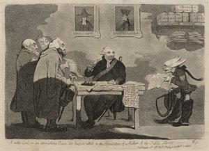 En edel herre som nærmer seg fred for opptatt til å ivareta utgiftene til en million av de offentlige pengene [verso] av James Gillray