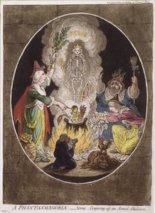 En fantasmagoria; - Scene - Å trylle frem et væpnet skjelett av James Gillray