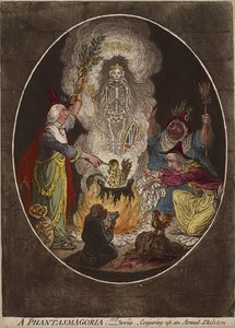 En Phantasmagoria; - Scene - Trylle frem et væpnet skjelett., 5. januar 1803 (håndfarget etsning og akvatint på vevd papir) av James Gillray