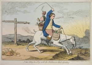 En solnedgang i tåken, med Old Hanover Hack som forsvarer, utgitt av J. Williams i 1783 (håndfarget etsning)