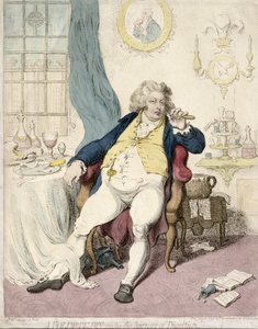A Voluptuary under the Horrors of Digestion , utgitt av Hannah Humphrey i 1792 (håndfarget etsning)