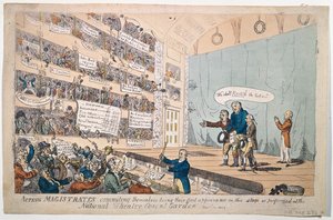 Fungerende sorenskrivere forplikter seg, og er deres første opptreden som fremført på National Theatre Covent Garden, utgitt i 1809 (håndfarget etsning)