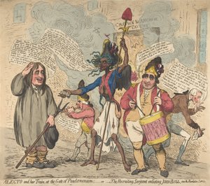Alecto and Her Train, at the Gate of Pandaemonium:-eller-The Recruiting Sarjeant Enli..., 4. juli 1791. av James Gillray