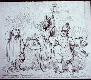 Alecto and her Train at the Gate of Pandemonium, eller The Recruiting Serjeant som verver John Bull til Revolution Service, utgitt av S.W. Fores i 1791 (radering) av James Gillray