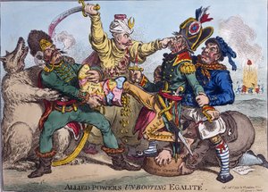 Allied Powers Un-Booting Egalite, utgitt av Hannah Humphrey i 1799 (håndfarget etsning)