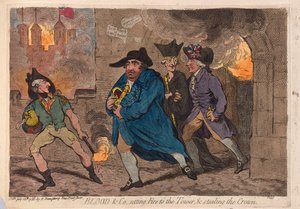 Blood & Co. setter fyr på tårnet og stjeler kronen, pub. 1788 (håndfarget gravering)