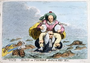 Blod på torden som krysser Rødehavet, utgitt av SW Fores i 1788 (håndkolorert etsning) av James Gillray