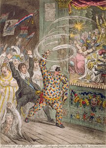 Blåser opp Pic Nic's, eller Harlequin Quixotte angriper dukkene, utgitt av Hannah Humphrey i 1802 (håndfarget etsning med akvatint)