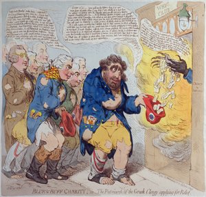 Blue und Buff Charity, eller The Patriarch of the Greek Clergy søker om hjelp, utgitt av Hannah Humphrey i 1793 (håndfarget etsning)