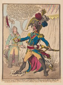 Bonaparte hører om Nelsons Victory sverger ved sitt sverd for å utrydde engelskmennene fra jorden, pub. 1798 (håndfarget gravering)