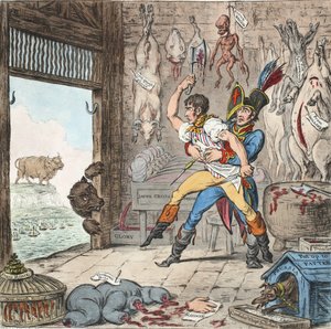 Boney og Talley, The Corsican Carcase-Butchers Reckoning Day - No Quarter Day!, pb. 1803 (håndfarget gravering)