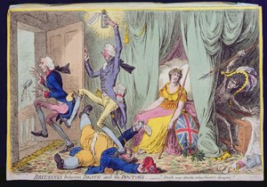 Britannia between Death and the Doctor's, utgitt av Hannah Humphrey i 1804 (håndfarget etsning)
