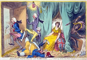 Britannia between death and the Doctors, pub. Hannah Humphrey, 20. mai 1804 (håndfarget gravering)