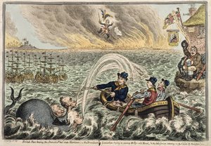 Britiske tjærer som sleper den danske flåten inn i havnen, eller The Broadbottom Leviathan som prøver å oversvømme Billys gamle båt, og den lille korsikaneren som vakler på ambisjonsskyene, 1807 (håndfarget etsning