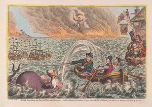 Britiske tjærer som sleper den danske flåten inn i havnen: Leviathan med bred bunn som prøver å oversvømme Billys gamle båt, og den lille korsikaneren som vakler på ambisjonsskyene, pub. 1807 (håndfarget engra