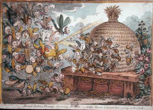 Droner med bred bunn som stormer bikuben, vepsene, hornets og humlene og blir med i angrepet, utgitt av Hannah Humphrey i 1808 (håndfarget etsning) av James Gillray