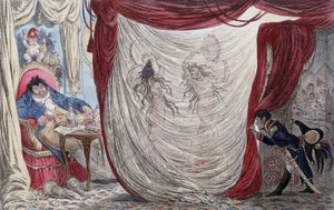 Tegneserie om Napoleon, Paul Barras, Josephine og Mademoiselle de Fontenay, kalt ausii Teresa (Theresa eller Terezia) Cabarrus, kalt Madame Tallien (Talien) eller disse damene danser nakne for Barras, under det skjulte øyet til Napoleon [Josephine vesen, k