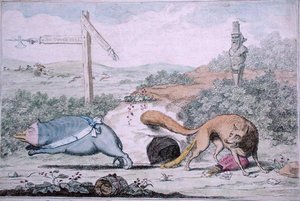 Changing Places, or Fox som stinker grevlingen ut av redet sitt, utgitt av William Humphrey i 1782 (håndfarget etsning) av James Gillray