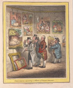 Kjennere undersøker en samling av George Morlands, pub. 1807 (håndfarget gravering)