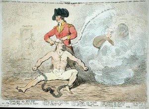 Cooling the Brain, eller The Little Mayor Shaving the Shaver, utgitt av J. Aitken i 1789 (håndfarget etsning) av James Gillray