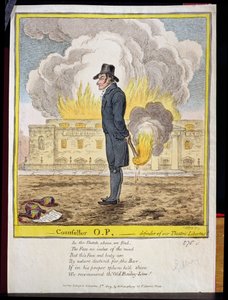 Rådgiver O.P., forsvarer av våre teaterfriheter, viser brenningen av Covent Garden Theatre, pub. av Hannah Humphrey, 1809