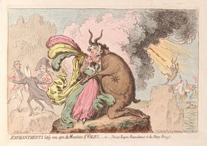 Fortryllelser nylig sett på fjellene i Wales eller Shon-ap Morgans Reconcilement to the Fairy Princess, pub. 1796 (håndfarget gravering)