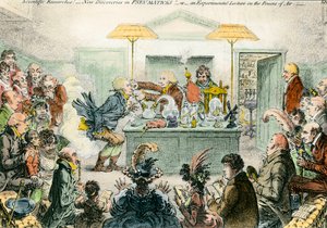 Engelsk satire på vitenskap: nye funn i pneumatiske materialer. Satirisk tegning på entusiasmen for vitenskapelige konferanser på 1800-tallet. Gravering av James Gillray (1757-1815) av James Gillray