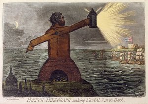 Fransk-Telegraph Making Signaler in the Dark, utgitt av Hannah Humphrey i 1795 (etsing med akvatint)