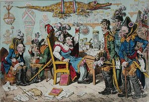 Franske generaler som trekker seg på grunn av helsen deres med Lepaux som leder i Directorial Dispensary, utgitt av Hannah Humphrey i 1799 (håndfarget etsning) av James Gillray