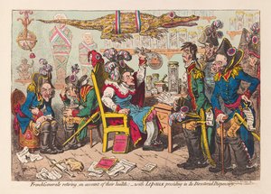 Franske generaler som trekker seg på grunn av sin helse:- med Lepaux som leder i Directorial Dispensary, pub. 1799 (håndfarget gravering)
