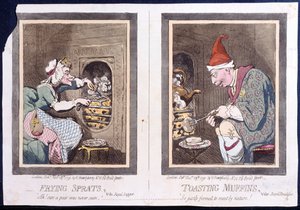 Frying Brisling, eller Royal Supper, and Toasting Muffins, eller Royal Breakfast, utgitt av Hannah Humphrey i 1791 (håndfarget etsning)