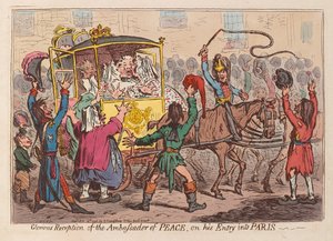 Strålende mottakelse av fredens ambassadør ved hans innreise i Paris, pub. 1796 (håndfarget gravering)