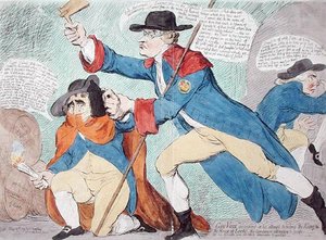 Guy Vaux oppdaget i forsøket på å ødelegge King & the House of Lords, utgitt av Hannah Humphrey i 1791 (håndfarget etsning) av James Gillray