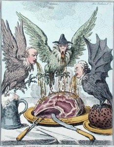 Harpyes Destroying the Feast, utgitt av Hannah Humphrey i 1799 (håndfarget etsning) av James Gillray