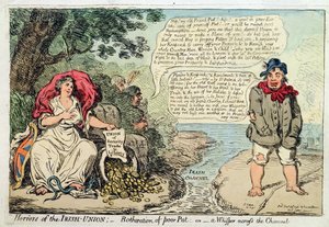 Horrors of the Irish Union: Botheration of Poor Pat, or A Whisper across the Channel, utgitt av Hannah Humphrey i 1798 (håndfarget etsning)