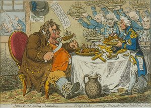 John Bull Tar en lunsj, 1798 (farget etsning) av James Gillray