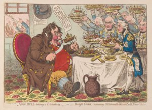 John Bull tar Luncheon eller britiske kokker som stapper Old Grumble Gizzard med Bonne Chere, pub 1798 (håndfarget gravering)