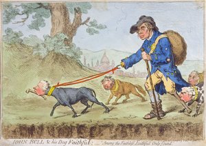 John Bull und his Dog Faithful, utgitt av Hannah Humphrey i 1796 (håndfarget etsning)