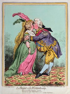 Le Baiser a la Wirtembourg, utgitt av Hannah Humphrey i 1797 (håndfarget etsning)
