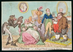Leaving off Powder, or A Frugal Family saving the Guinea, utgitt av Hannah Humphrey i 1795 (håndfarget etsning)