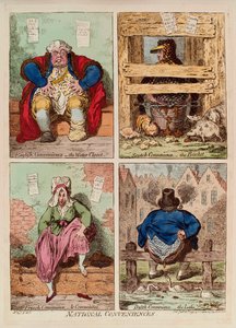 Nasjonale fasiliteter. (beskrivelse og sammenligning av toaletter i England, Skottland, Frankrike og Holland). Verk av James Gillray (1757-1815), gravering og akvarell av James Gillray